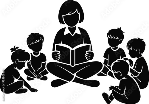 Teacher reading book to children silhouettes, kids sitting listening story time, classroom education learning concept vector illustration