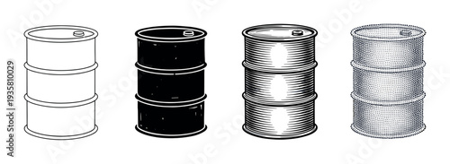 Four industrial oil barrels in different graphic styles including line art, silhouette, engraving, and stippling, presented as a collection of black and white vector icons