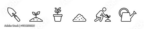 Set of six black line art icons for gardening and planting includes a trowel, sprout, potted plant, soil, a person planting, and a watering can in a minimalist vector illustration