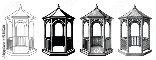 Set of four black gazebo illustrations showing different artistic styles including line art, silhouette, engraving, and halftone dot pattern for graphic design elements