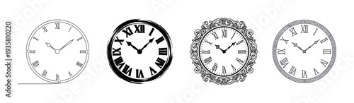 Four different clock faces with Roman numerals are shown in various artistic styles, including line art, grunge, ornate vintage, and dotted pointillism in a monochrome design
