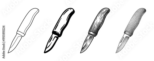 Four hand-drawn knife illustrations in different artistic styles, including simple line art, bold ink sketch, detailed vintage engraving, and stippling dotwork