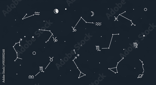 Celestial Zodiac Constellations and Stars on Dark Background.