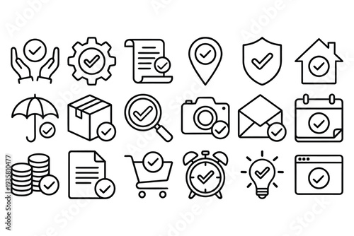 Checkmark and Approval Icon Set: Hands, Gear, Document, Map Pin, Shield, House, Umbrella, Box, Magnifying Glass, Camera, Envelope, Calendar, Coins, Cart, Alarm Clock, Lightbulb, Browser