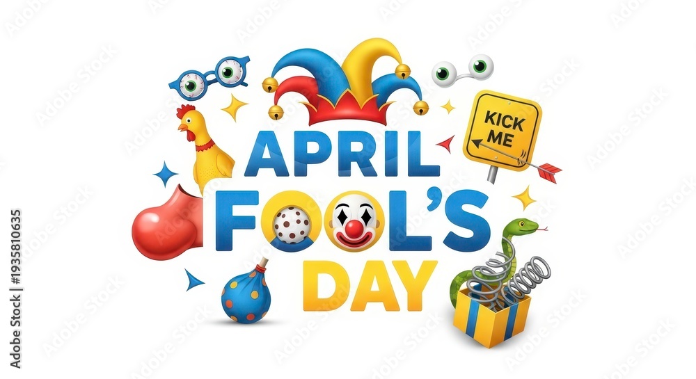 Fototapeta premium Vibrant illustration celebrating april fools' day with playful objects and balloons illustration