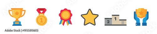 Set of colorful award and victory icons including a trophy, medal, podium, and star for celebrating achievement and success in a flat vector graphic style