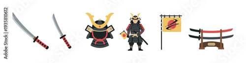 Collection of samurai warrior icons including a soldier in armor, a traditional helmet, katana swords, a flag, and a weapon stand in a flat vector illustration style