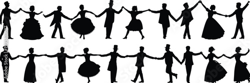Vintage ballroom dance silhouettes collection, elegant couples holding hands performing waltz, classic ballroom dancers vector illustration set