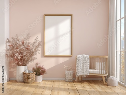 Soft pink wall with wooden frame. Natural light streams through large window. Wooden crib sits near window. Textured rug and woven baskets add charm. Minimalist decor creates serene, cozy atmosphere