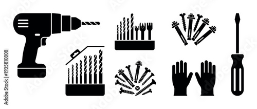 Black silhouette icon set of construction tools including a power drill, screwdriver, drill bits, screws, bolts, and work gloves for repair and maintenance projects
