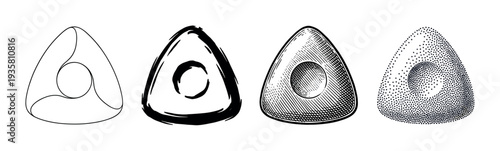 Set of triangular tailor's chalk illustrations in four different graphic styles including line art, brush stroke, vintage engraving, and modern stippling for sewing concepts