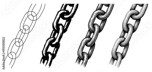 Set of four metal chain illustrations showing different artistic techniques from simple sketch and ink brush to detailed engraving and stipple dotwork styles in monochrome