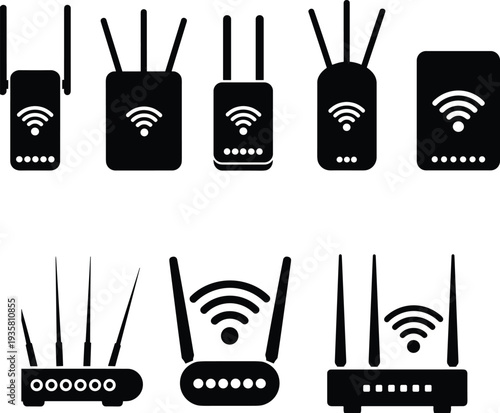 wifi router icon set, wireless internet device silhouettes, network modem symbols collection, communication technology vector illustration pack