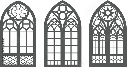 Gothic arch window silhouette vector set with medieval cathedral style decorative frames and ornate architectural glass patterns