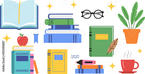Education and Study Icon Set Featuring Books, Open Book, Glasses, Notebook, Coffee Cup, Plant and School Supplies for Learning and Academic Design