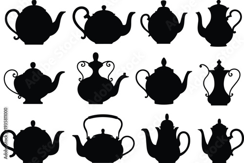 Vintage teapot silhouettes collection, classic tea kettle shapes for kitchen decor, antique teaware vector illustration set