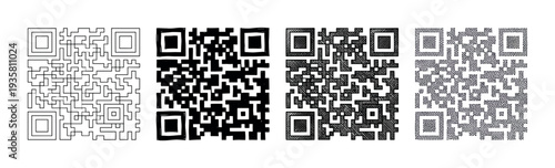 Four hand-drawn QR code variations in different artistic styles, including outline, solid ink, cross-hatching, and stippling, showcasing a creative set of scannable matrix barcodes