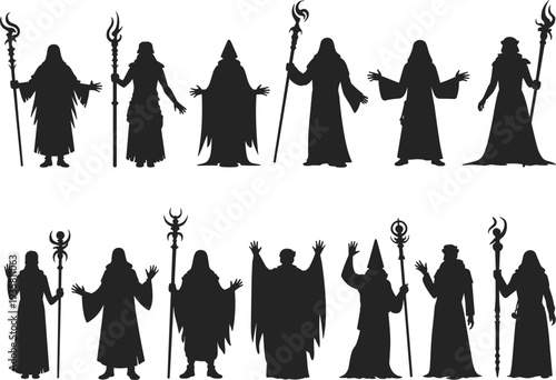 Wizard silhouettes collection, fantasy magic sorcerer characters with staffs and robes, mystical spellcaster vector illustration set