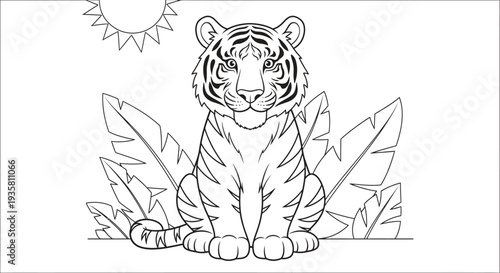 A black and white illustration of a tiger sitting isolated on transparent background