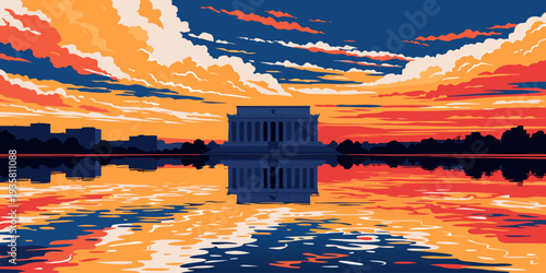 USA, US, U.S, United States - Lincoln Memorial Sunset Reflections on the Reflecting Pool – Panoramic Minimalist Flat Vector Illustration | Washington DC USA Landmark Art
