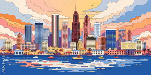 USA, US, U.S, United States - Modern Flat Miami Skyline with Palm Trees & Pastel Gradient Sky – Ultra‑Wide Panoramic Vector Illustration | Florida USA Tropical Cityscape Art
