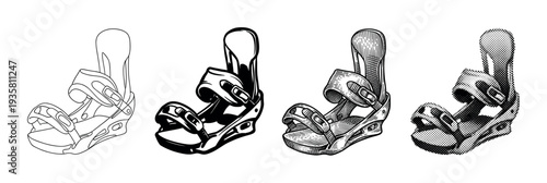 Set of four snowboard bindings illustrated in different graphic styles including line art, solid black, detailed engraving, and retro halftone for winter sports equipment design