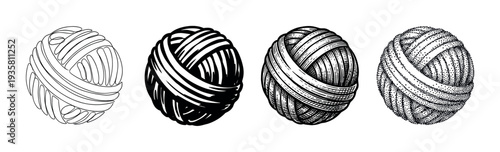 Four black and white yarn balls illustrated in a row showing different graphic art styles from simple outline and engraving to detailed stippling and hatching for a creative concept