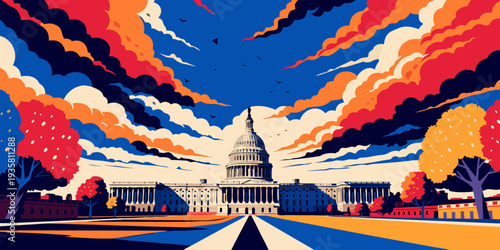 USA, US, U.S, United States - US Capitol Building Golden Hour Glow with Dramatic Sky – Ultra‑Wide Cinematic Flat Vector Illustration | Washington DC USA Landmark Art
