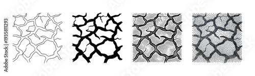 Four graphic illustrations of a cracked pattern demonstrating different artistic styles from simple outline, bold brush stroke, classic engraving, and stippling