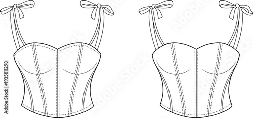 women corset top outline, fashion technical drawing, lingerie garment sketch, strap bow corset design, clothing vector template illustration