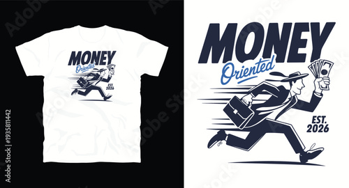 Money oriented man running with briefcase and cash, vintage t-shirt design graphic