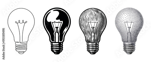 Set of four light bulb icons rendered in various artistic techniques from simple outline and stencil to detailed vintage engraving and modern pointillism