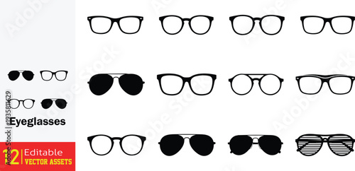 Vector eyewear collection: Diverse eyeglass frames and sunglasses silhouettes. Set of optical spectacles, classic round frames, modern rectangular glasses, and trendy aviator sunglasses isolated on wh