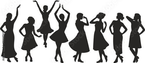 Women dancing silhouettes collection, elegant female dance poses in dresses, graceful movement fashion style vector illustration set