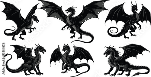 Collection of black dragon silhouettes with large wings in various powerful poses isolated on white background for fantasy game designs