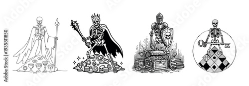 Four black and white fantasy skeleton illustrations in a hand-drawn graphic style featuring a lich, a king with a mace, a knight, and a mystic holding a key