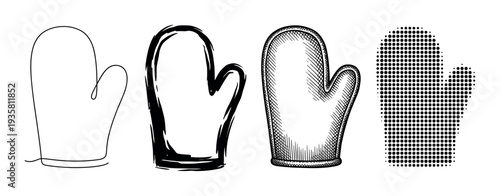 Four black oven mitt icons in different artistic styles including line art, brush stroke, engraving, and halftone dot pattern, presented as a graphic design element set