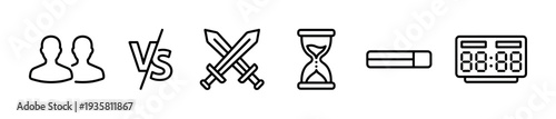 Set of black line art icons representing competition, including versus symbols, crossed swords, an hourglass, a progress bar, and a digital scoreboard for gaming or sports