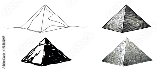 Four black pyramid illustrations in different artistic styles, including continuous one-line, hatching, stippling, and abstract sketch, showing various graphic design elements