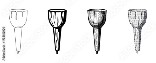Four black and white golf tee illustrations showing a progression of artistic styles from simple continuous line art to detailed engraving and dotwork stippling