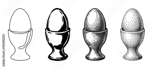 Four black and white illustrated eggs in egg cups show different artistic styles from simple line art and ink brush to detailed engraving and stippling techniques in a row