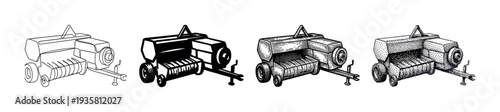 Set of four mobile industrial generators illustrated in various graphic styles including line art, silhouette, engraving, and stippling for a vintage, technical look