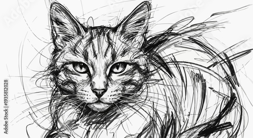A sketchy illustration of a cat's face with expressive lines and shading