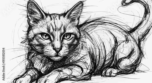 A sketchy illustration of a cat lying down in a relaxed pose