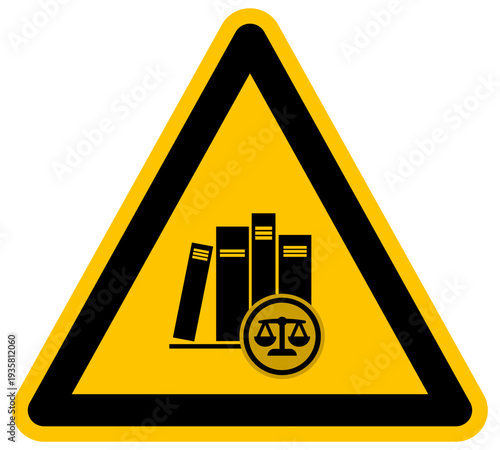 Icono de biblioteca jurídica y libros de leyes con balanza de justicia vector de advertencia