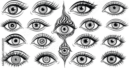 Hand drawn mystical eye collection vector illustration, detailed occult and esoteric sketches, spiritual vision symbols, isolated on white background, artistic.