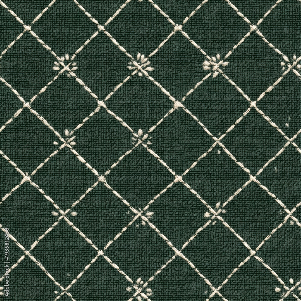 Fototapeta premium Embroidered dark green textile with white diamond grid and floral accents