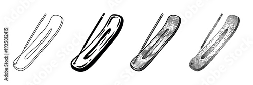 Set of four incense stick holder illustrations in various artistic styles, from simple line art and silhouette to detailed vintage engraving and stippling techniques
