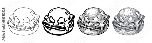 Set of four ice cream scoop illustrations in different graphic styles including line art, brush stroke, vintage engraving, and stippling for a creative food concept