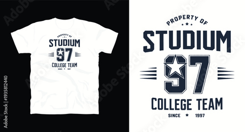 Property of studium college team 97 since 1997 typography t-shirt design, varsity style apparel graphic
